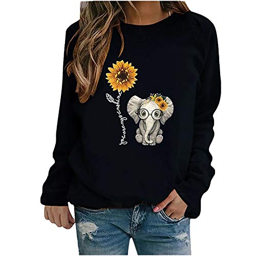 Sudaderas Tops Casuales Damas Invierno para Mujer con Estampado de Girasol con Cuello rendondo Sudadera Blusa Camiseta Suéter 8 Colores YANFANGXXXLBlack