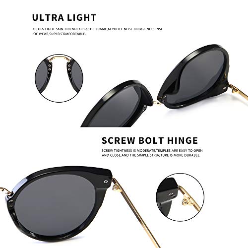 SUNGAIT Mujeres Ojo de Gato Polarizadas Vintage de Gran Tamaño UV-Protección Gafas de Sol(Acabado Brillante Del Marco de Lente Negro/Gris)