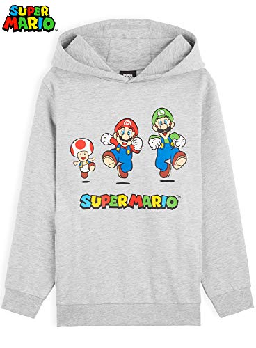 SUPER MARIO Sudadera Niño con Capucha, Sudadera Gris con Personaje Mario Bros y Luigi, Merchandising Oficial Regalos para Niños y Adolescentes Edad 3-14 Años (Gris, 9-10 Años)