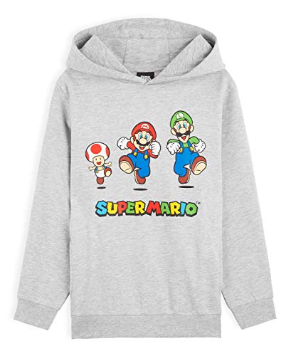 SUPER MARIO Sudadera Niño con Capucha, Sudadera Gris con Personaje Mario Bros y Luigi, Merchandising Oficial Regalos para Niños y Adolescentes Edad 3-14 Años (Gris, 9-10 Años)