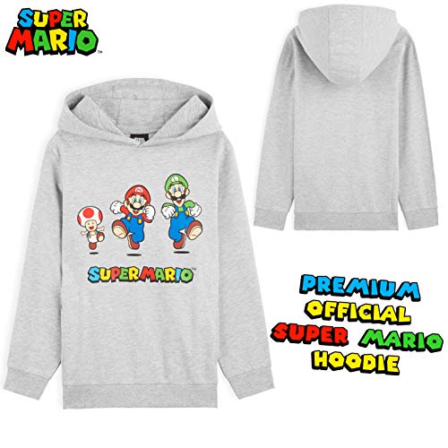 SUPER MARIO Sudadera Niño con Capucha, Sudadera Gris con Personaje Mario Bros y Luigi, Merchandising Oficial Regalos para Niños y Adolescentes Edad 3-14 Años (Gris, 9-10 Años)