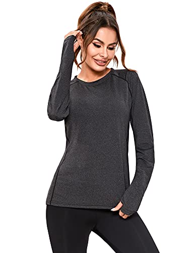 Sykooria Camiseta Deportiva Mujer de Manga Larga Sin Costuras Sudaderas Fitness Transpirable Suave Ropa Deportiva para Mujer-Negro-L