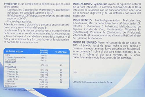 Symbioram 12 sobres, complemento alimenticio simbiótico que favorece la recuperación de la flora intestinal - < 12 años 1 sobre al día / >12 años 2 sobres al día