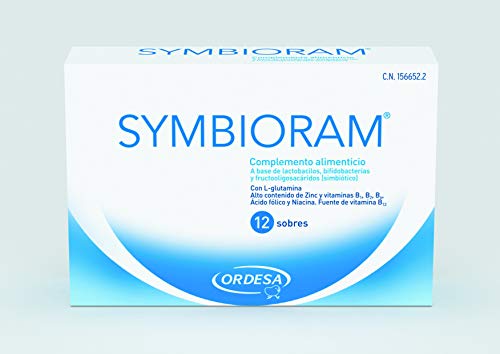 Symbioram 12 sobres, complemento alimenticio simbiótico que favorece la recuperación de la flora intestinal - < 12 años 1 sobre al día / >12 años 2 sobres al día