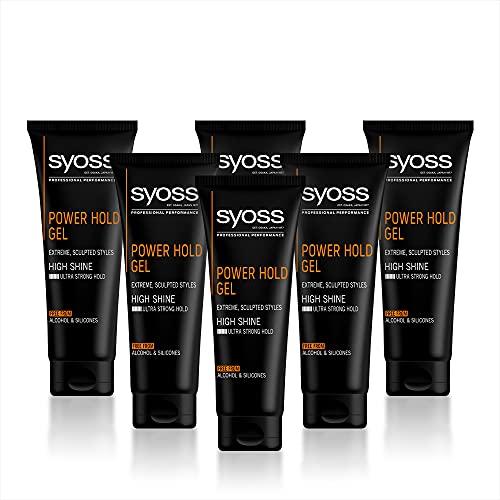 Syoss -Gel Power Hold, 6uds de 250ml (1.500ml), 48h de peinado bajo control, Efecto brillante, Sin siliconas, Cabello como recién salido de la peluquería