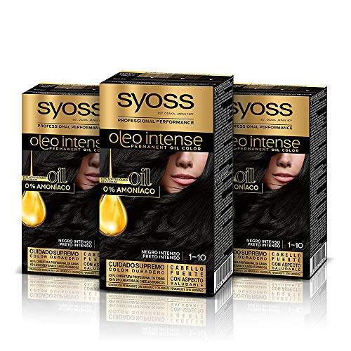 Syoss Oleo Intense - Tinte 1-10 Negro Intenso – Coloración permanente Sin Amoníaco – Cobertura profesional de canas – Resultados de peluquería (Pack De 3)