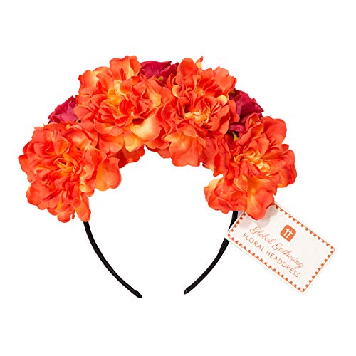 Talking Tables Diadema floral naranja para festivales, disfraces, fiesta mexicana, Frida Kahlo, mujer, banda de cabeza de flor bohemia