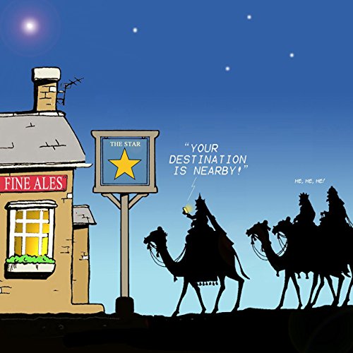 Tarjeta de felicitación de Navidad con los tres reyes magos, camellos, la estrella y un pub de Twizler