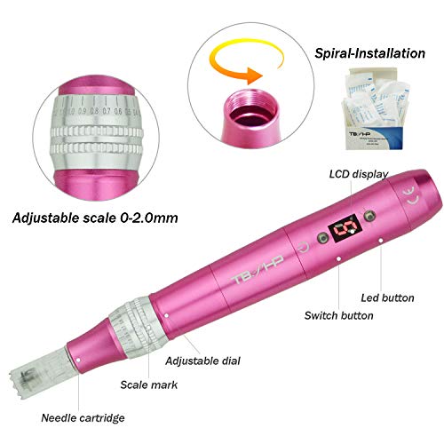 TBPHP P20 Eléctrico Dermapen Microagujas Pen 2 Colores Led Bolígrafo eléctrico con pantalla LCD para el tratamiento de la pérdida de cabello cicatriz acné cicatrices(30 cartuchos)-Rosa