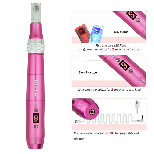 TBPHP P20 Eléctrico Dermapen Microagujas Pen 2 Colores Led Bolígrafo eléctrico con pantalla LCD para el tratamiento de la pérdida de cabello cicatriz acné cicatrices(30 cartuchos)-Rosa