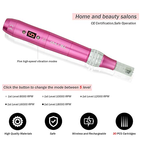 TBPHP P20 Eléctrico Dermapen Microagujas Pen 2 Colores Led Bolígrafo eléctrico con pantalla LCD para el tratamiento de la pérdida de cabello cicatriz acné cicatrices(30 cartuchos)-Rosa