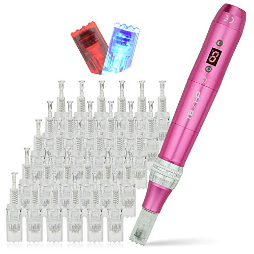 TBPHP P20 Eléctrico Dermapen Microagujas Pen 2 Colores Led Bolígrafo eléctrico con pantalla LCD para el tratamiento de la pérdida de cabello cicatriz acné cicatrices(30 cartuchos)-Rosa