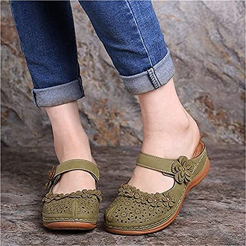 TCWDX Sandali da Donna Baotou Liang Infradito Pantofole estive Fondo Piatto Rotondo Retro Floreale Dolce piattaforma Scarpe Sandali Piatti Sandalia in Pelle