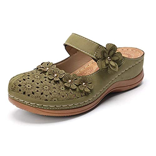 TCWDX Sandali da Donna Baotou Liang Infradito Pantofole estive Fondo Piatto Rotondo Retro Floreale Dolce piattaforma Scarpe Sandali Piatti Sandalia in Pelle