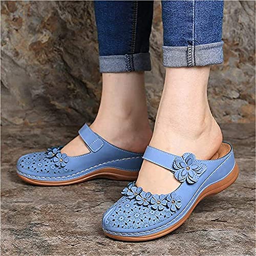 TCWDX Sandali da Donna Infradito Pantofole estive Fondo Piatto Rotondo Retro Floreale Dolce Piattaforma Scarpe Sandali Piatti Sandali in Pelle PU