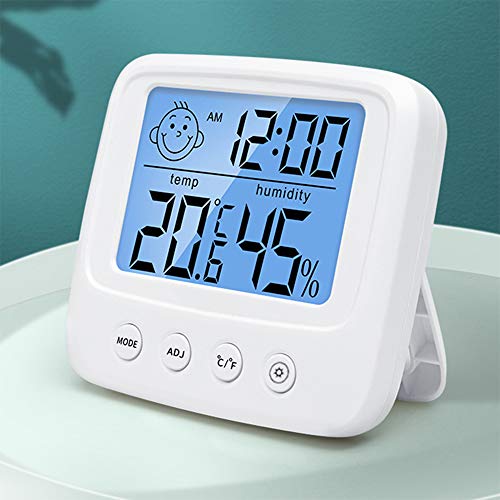 Termómetro Higrómetro Digital, Medidor de Temperatura para Medición de Temperatura y Humedad del Casa Ambiente con luz de Fondo, Reloj y función ℃ / ℉