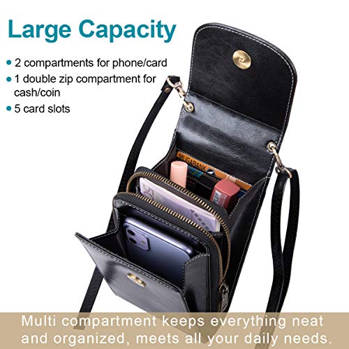 TEUEN Bolso de Teléfono Móvil para Mujer Cuero Pequeño con 5 Tarjetas Bolso Movil Mujer con Monedero, Mini Bolsa Bandolera Mujer de Auténtica Piel para Guardar Móvil de hasta 6,5" (Negro)