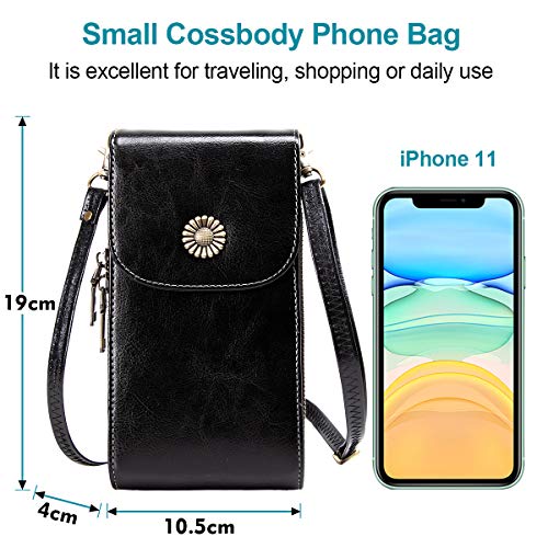 TEUEN Bolso de Teléfono Móvil para Mujer Cuero Pequeño con 5 Tarjetas Bolso Movil Mujer con Monedero, Mini Bolsa Bandolera Mujer de Auténtica Piel para Guardar Móvil de hasta 6,5" (Negro)