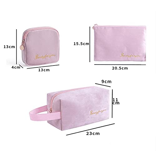 Timertick Neceser Mujer de Viaje, Bolsa de Aseo de Franela Bolsa de Maquillaje Bolsa de Cosméticos, 3 Tamaños para Diferentes Necesidades (Rosado)