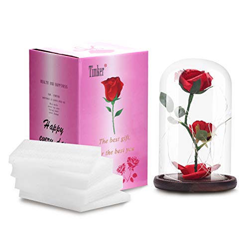 Timker Rosa y Bestia,La Bella y La Bestia Rosa Encantada,Elegante Cúpula de Cristal con Base Pino Luces LED Beauty and Regalos Magicos Decoración para Día de San Valentín Aniversario Bodas