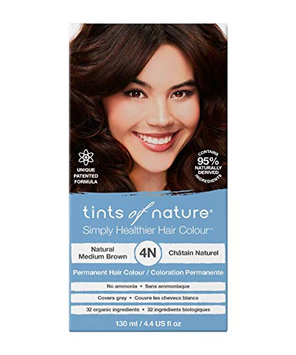 Tints of Nature 4N Marrón medio natural, Tinte permanente de cabello, apto para veganos, 95% natural, sin amoníaco, parabenos ni propilenglicol, 1 paquete