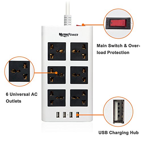 Tira de alimentación Universal de energía Mutec 6 Toma Corrientes y 4 Puertos USB - 100V a 220V / 250V y 2.500 vatios Surge Protector - con Interruptor de Circuito - para el Uso Mundial