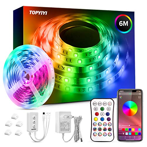 Tiras LED 6M RGB 5050 Música, TOPYIYI Bluetooth Luces de Tiras LED, luces led habitacion Controladas por APP, IR Control Remoto y Controlador, 16 Milliones de Colores, Modo de Horario para Hogar, Bar