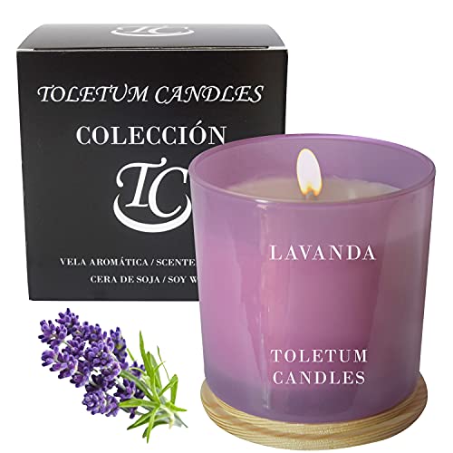 TOLETUM CANDLES Vela Aromática, Vela Perfumada de Lavanda (230g.) Vela Grande, En Vaso de Cristal, Cera de Soja Natural, Vegana, Velas Aromáticas Regalo, Larga Duración.