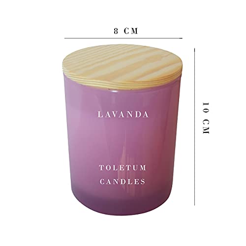 TOLETUM CANDLES Vela Aromática, Vela Perfumada de Lavanda (230g.) Vela Grande, En Vaso de Cristal, Cera de Soja Natural, Vegana, Velas Aromáticas Regalo, Larga Duración.