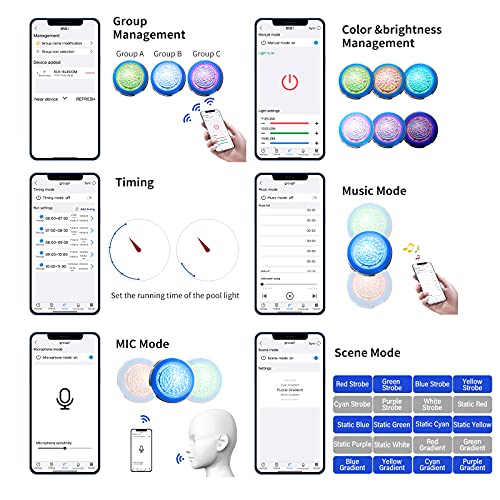 TOPLANET Iluminación subacuática para piscina con aplicación de mando a distancia por Bluetooth