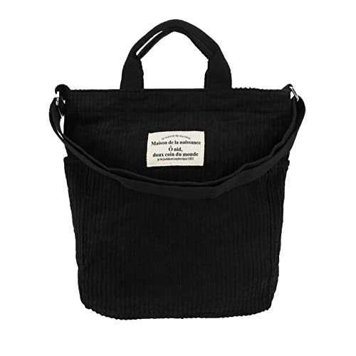 Topretty Bolso de mano grande de pana, bandolera de pana de moda, bolso de hombro tipo bandolera, bolso de mano informal con cremallera y bolsillo exterior, niñas (negro)