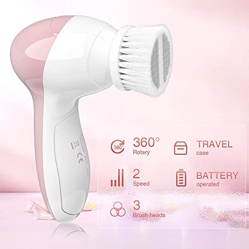 TOUCHBeauty Cepillo de Limpieza Facial, Masajeador Facial Eléctrico Limpiador de Poros Faciales con 3 Cabezas de Cepillo Para el Acné, Puntos Negros, Piel Muerta y Maquillaje AG-0525A (Rosado)