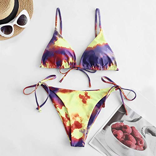 Traje de baño de pieza para mujer sexy tie-dye con cordones corte alto estampado de pierna conjunto de bikini de dos piezas traje de baño 2122, Morado (, S