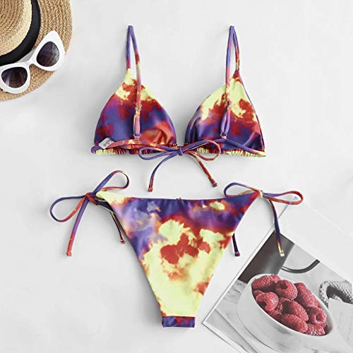 Traje de baño de pieza para mujer sexy tie-dye con cordones corte alto estampado de pierna conjunto de bikini de dos piezas traje de baño 2122, Morado (, S