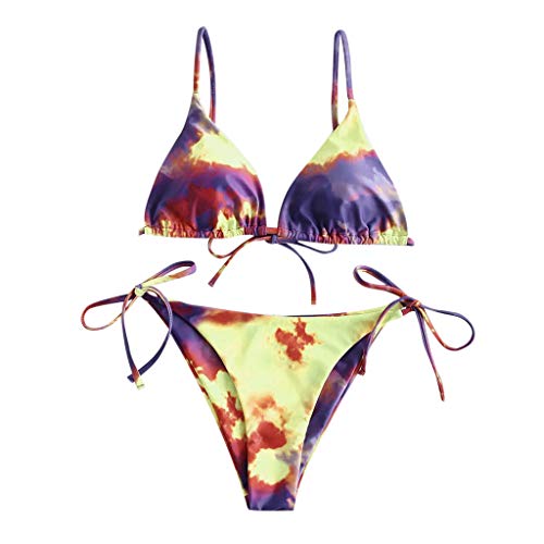 Traje de baño de pieza para mujer sexy tie-dye con cordones corte alto estampado de pierna conjunto de bikini de dos piezas traje de baño 2122, Morado (, S