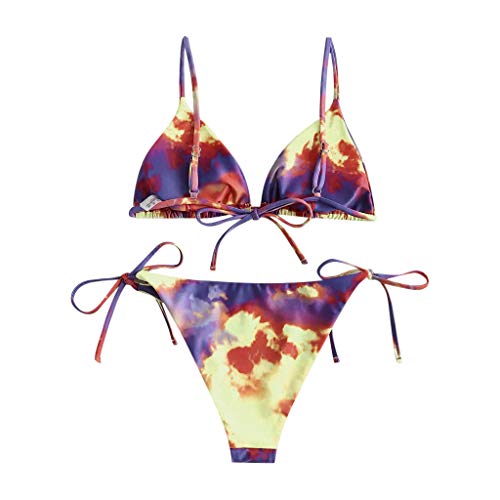 Traje de baño de pieza para mujer sexy tie-dye con cordones corte alto estampado de pierna conjunto de bikini de dos piezas traje de baño 2122, Morado (, S