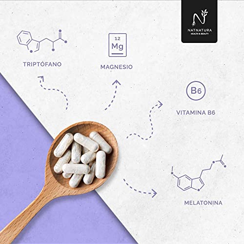 Triptófano con Magnesio + Melatonina + Vitamina B6. Triptófano para reducir el estrés y el insomnio. Triptófano con melatonina y magnesio para un sueño reparador. 60 cápsulas vegetales.