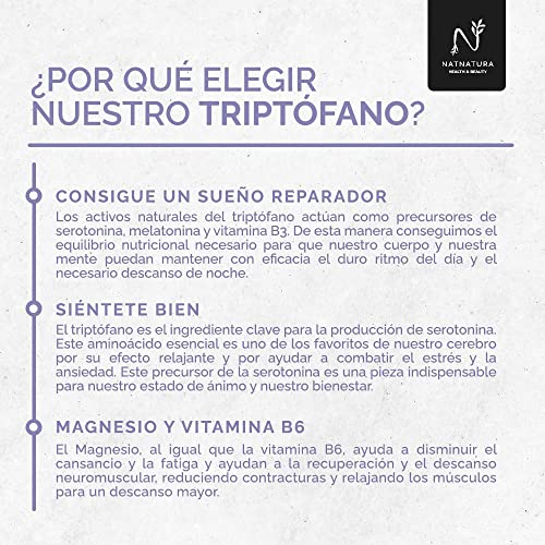 Triptófano con Magnesio + Melatonina + Vitamina B6. Triptófano para reducir el estrés y el insomnio. Triptófano con melatonina y magnesio para un sueño reparador. 60 cápsulas vegetales.