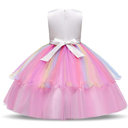 TTYAOVO Chicas Arco Iris Unicornio Fancy Vestido Princesa Flor Desfile de Niños Vestidos sin Mangas Volantes Vestido de Fiesta Talla(150) 9-10 años 439 Rosa