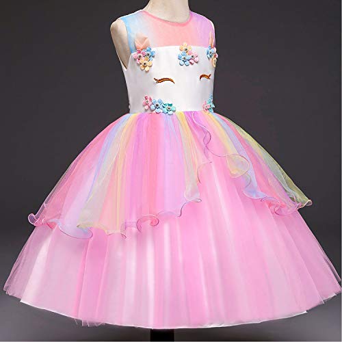 TTYAOVO Chicas Arco Iris Unicornio Fancy Vestido Princesa Flor Desfile de Niños Vestidos sin Mangas Volantes Vestido de Fiesta Talla(150) 9-10 años 439 Rosa