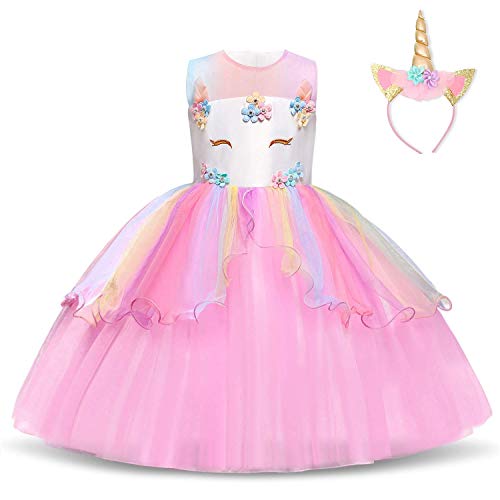 TTYAOVO Chicas Arco Iris Unicornio Fancy Vestido Princesa Flor Desfile de Niños Vestidos sin Mangas Volantes Vestido de Fiesta Talla(150) 9-10 años 439 Rosa