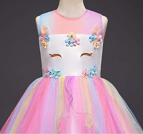 TTYAOVO Chicas Arco Iris Unicornio Fancy Vestido Princesa Flor Desfile de Niños Vestidos sin Mangas Volantes Vestido de Fiesta Talla(150) 9-10 años 439 Rosa