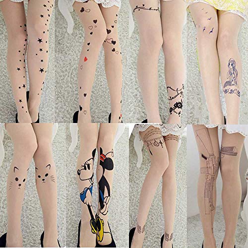 TUOLUO Medias De Tatuaje De Camuflaje Verano Medias Transparentes Mickey Ametralladora Letra Estrella Medias Sexy Chica Delgada Tamaño Individual/Beige