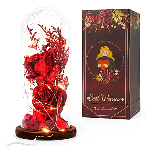 Ulif Kit de Rosas,La Bella y La Bestia Rosa Encantada,Elegante Cúpula de Cristal con Luces LED,Beauty and Regalos Magicos Decoración para Día de San Valentín Aniversario Bodas