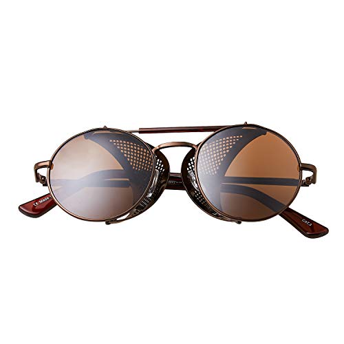 UltraByEasyPeasyStore Marrón con Lentes Marrones Gafas de Sol con Protección Lateral Retro Steampunk Azules Mujeres y Hombres Gafas Metálicas Góticas Circulares Cosplay Unisex con Protección UV400