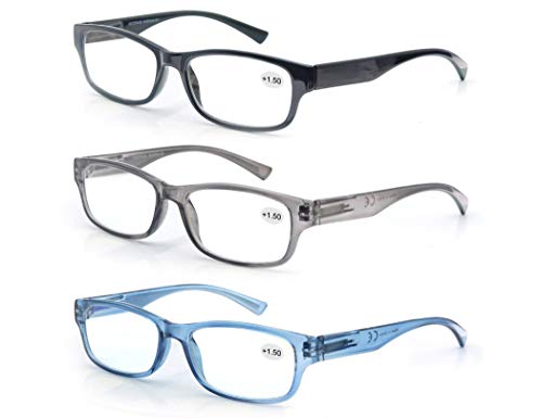 Un Pack de 3 Gafas de Lectura 1.5/Gafas para Presbicia Hombre Mujer,Buena Vision Ligeras Comodas,Vista de Cerca/Vista Cansada,Colores Negro-Gris-Azul