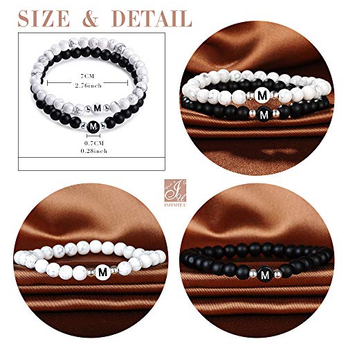 Unendlich U-Nombre Pulsera de Amistad Hecha de Piedras Naturales con Cuentas de Letras de M, Juego de 2 Pulseras para Mujeres Hombre, Color de Negro y Blanco