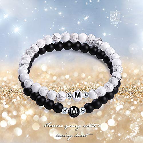 Unendlich U-Nombre Pulsera de Amistad Hecha de Piedras Naturales con Cuentas de Letras de M, Juego de 2 Pulseras para Mujeres Hombre, Color de Negro y Blanco