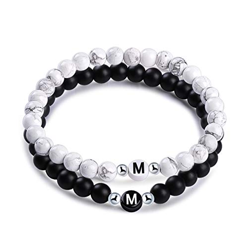 Unendlich U-Nombre Pulsera de Amistad Hecha de Piedras Naturales con Cuentas de Letras de M, Juego de 2 Pulseras para Mujeres Hombre, Color de Negro y Blanco