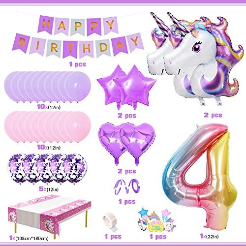 Unicornio Decoración Cumpleaños 4 Años,Globo de Unicornio Globos Fiesta Decoracion Cumpleaños Niña con Globo rosa,Cake Topper,Banner Feliz Cumpleaño,Mantel de unicornio para decoración de cumpleaños